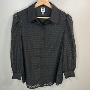 Anne Klein Sheet Black Textured Pattern Long Sleeve Blouse Business Casual Small